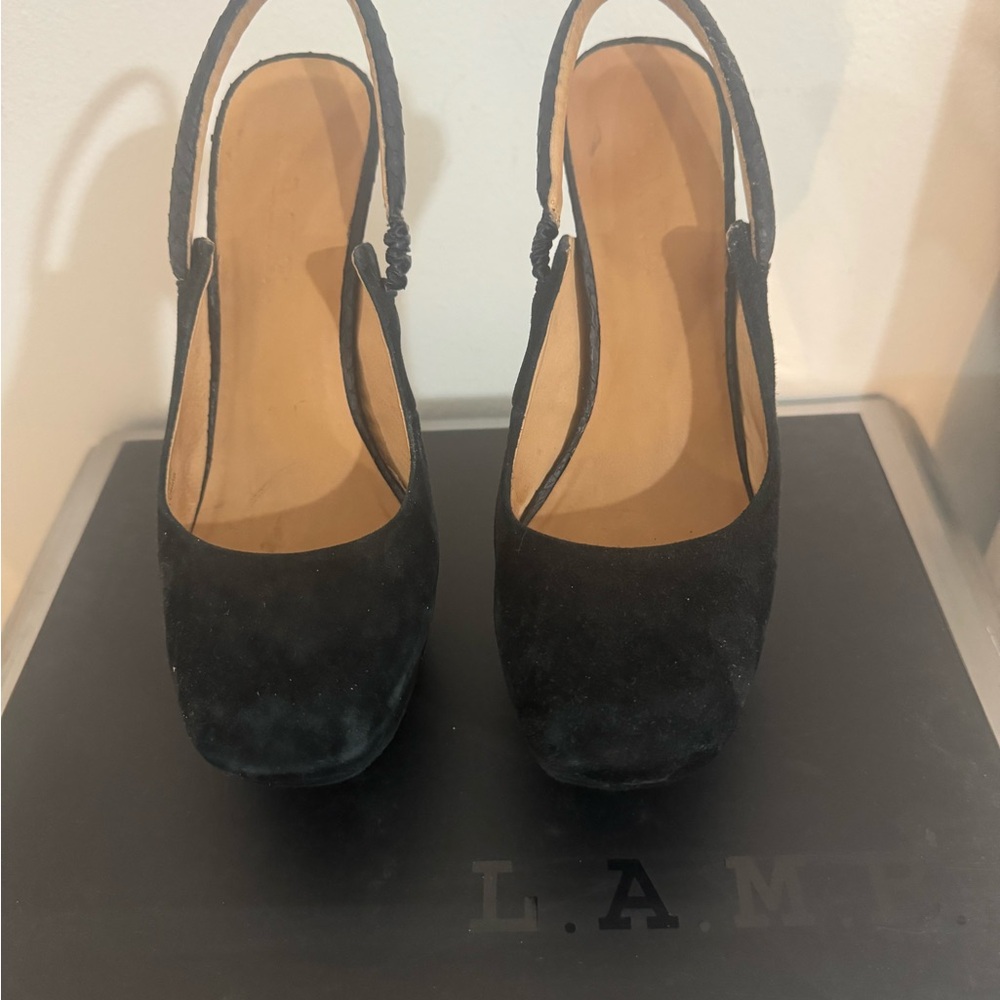 L.A.M.B. Black Suede Slingback Heels